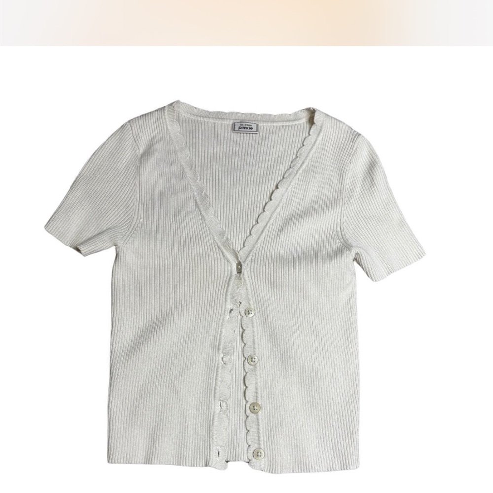 White Button Down Shirt with Ribbed Knit Texture and V-Neck